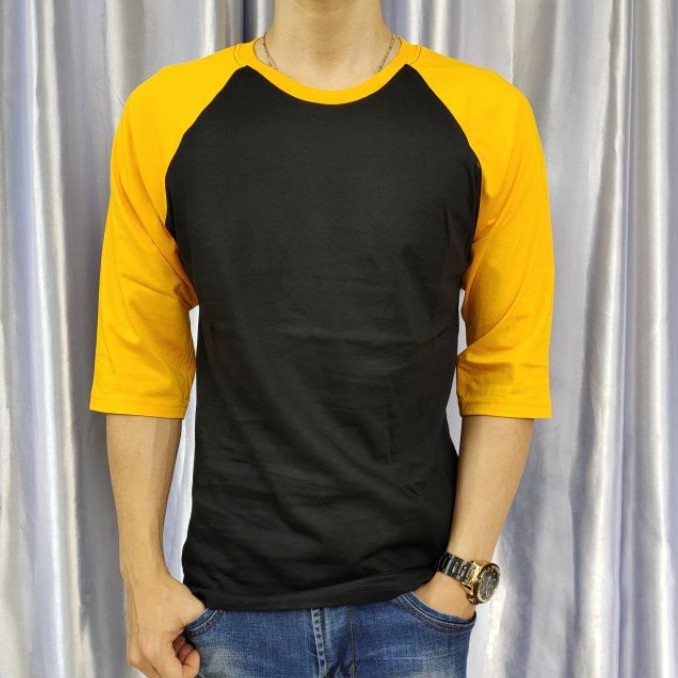 kaos raglan polos lengan 3/4 Hitam-Kuning uk m l xl xxl pria/wanita