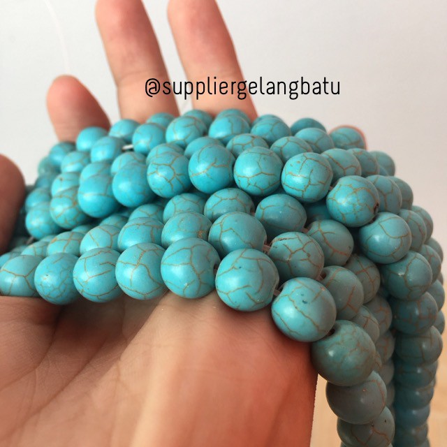 bahan soft blue pirus 10mm natural phyrus howlite serat emas gold akik batu cowok cewek pria wanita