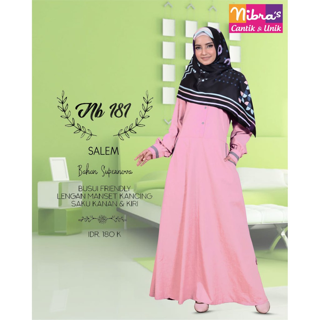 Gamis Nibras Nb 181 Salem Busui Friendly Saku Kanan Kiri Lengan Manset Murah Elegan