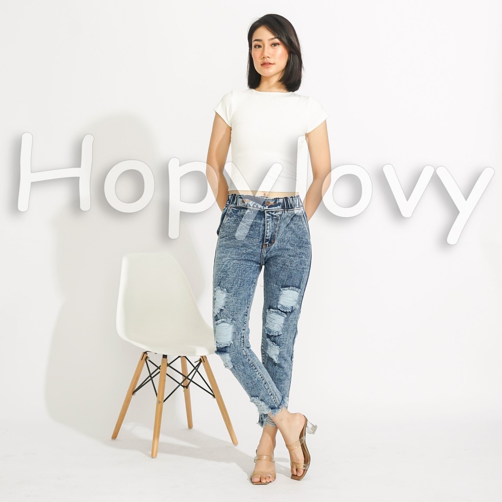 HOPYLOVY Celana Boyfriend Jeans Wanita Sobek Ripped High Waist HW Unfinished Rania