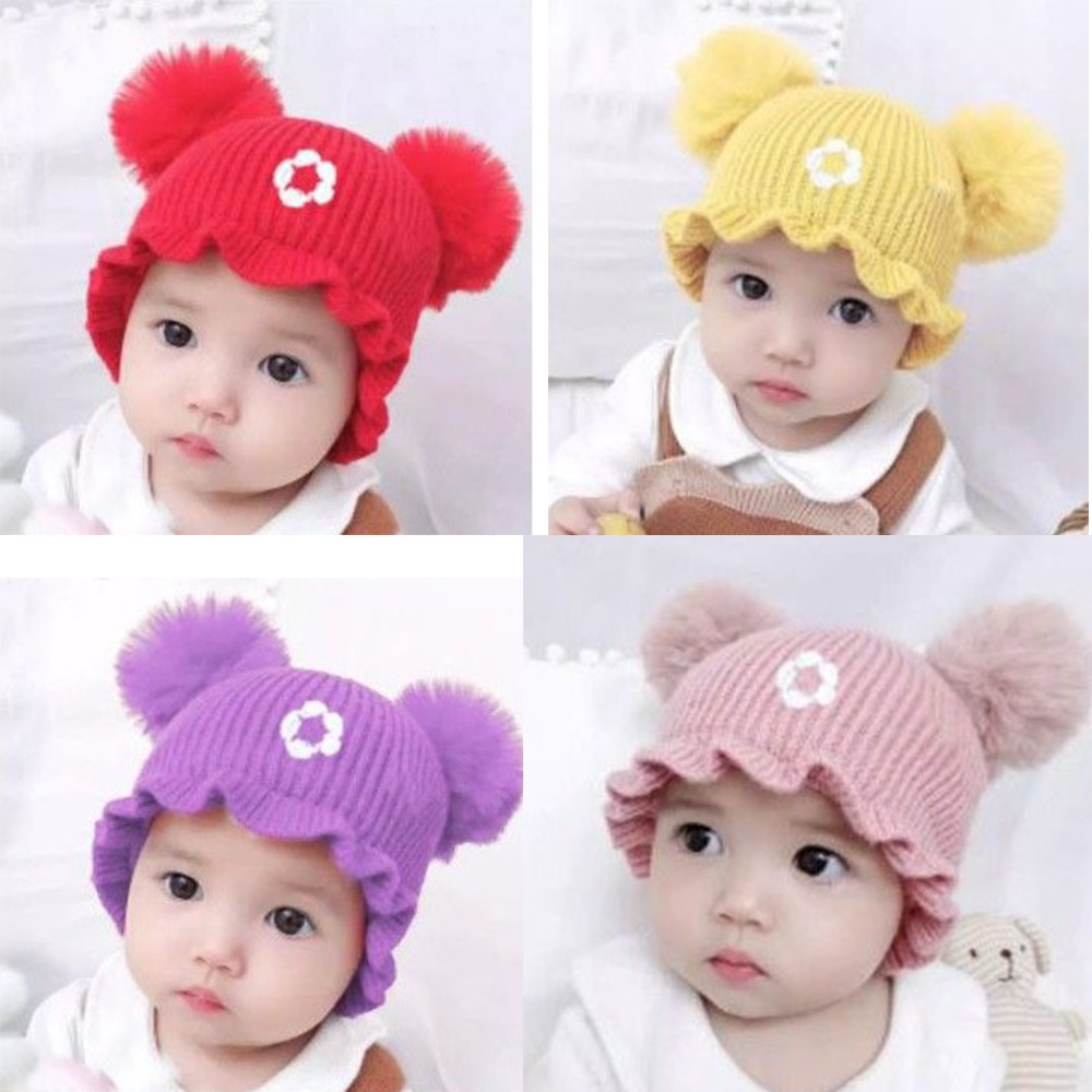 Kupluk pompom baby gril / kupuk pompom renda