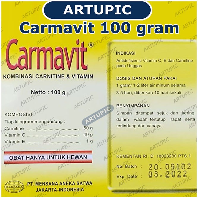 Carmavit 100 gram Vitamin C E Carnitine Ayam Unggas Anti Stres Mempercepat Pertumbuhan Ayam Daging