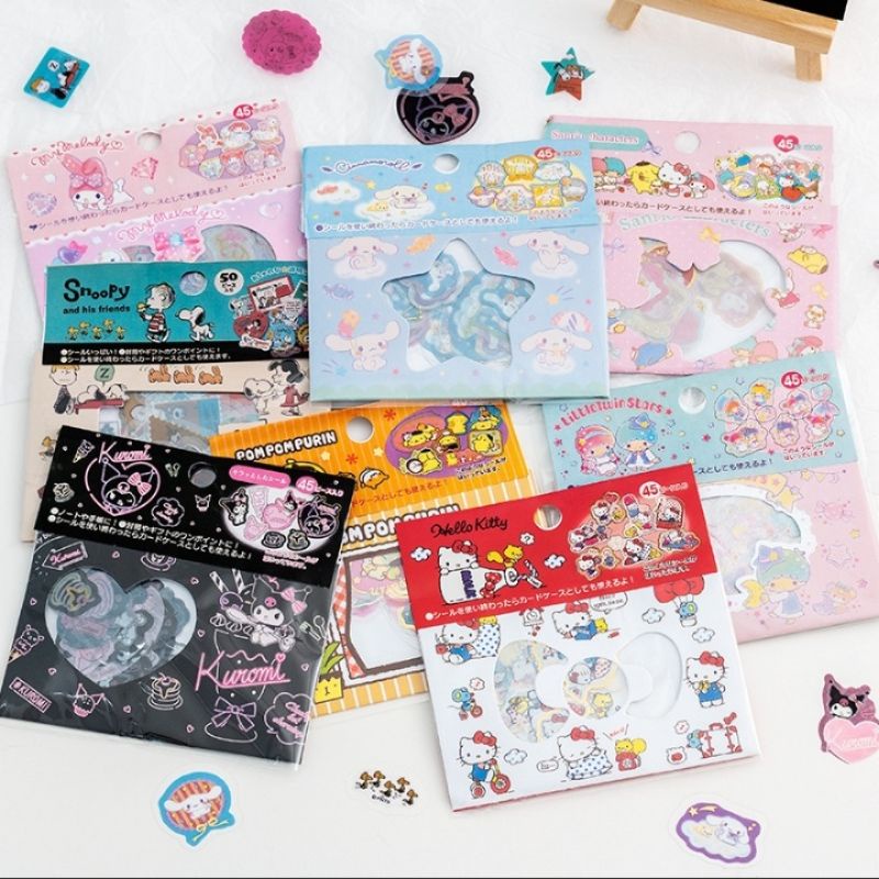

45 pcs sanrio sticker waterproof deco gelas atk hp lemari snoopy hello kitty melody tls kuromi pompompurin cinnamonroll
