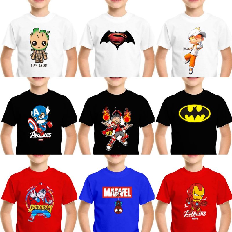 KAOS DISTRO BAJU ANAK LAKI LAKI KARTUN CAPTAIN AMERIKA BATMAN SPIDERMAN IRON MAN BOBOIBOY AIR API HA