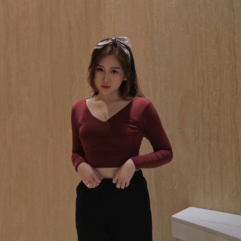 [LC] Pluffyschoice Venice CROP Top V-neck Atasan Wanita Lengan Panjang Bahan Jersey S-XXL Bigsize-1