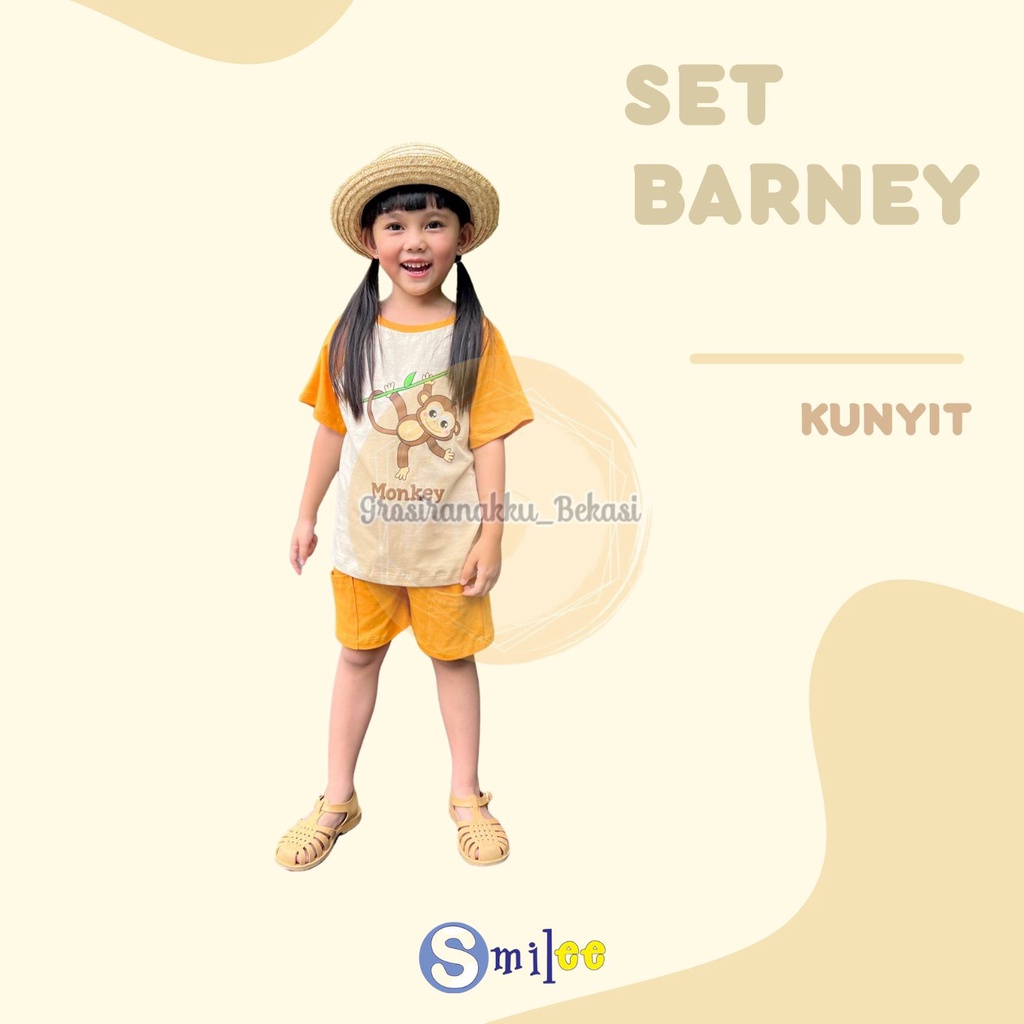 Setelan Anak Unisex  Barney  Smilee  Warna  Kunyit  Monkey Size 1-5 Thn