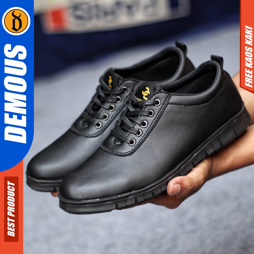 Sepatu Formal Casual Pria Kulit Pu Pantofel Kerja Hitam Fullblack Demous Brrodi