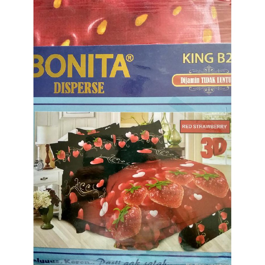 Sepre Bonita Mitif, Sprei Bonita Red Strawberry King 180X200 No.1 Hitam Merah ,Bahan Halus