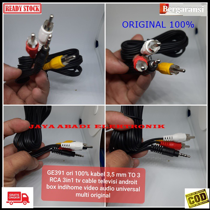 G391 kabel 3,5 mm TO 3 RCA 3in1 tv cable televisi androit box indihome video audio universal multi original  Bisa dipakai segala gadget yg menggunakan kabel jenis ini  kabel ini di gunakan untuk pemakaian android box menggunakan TV tabung non hdmi, bisa u