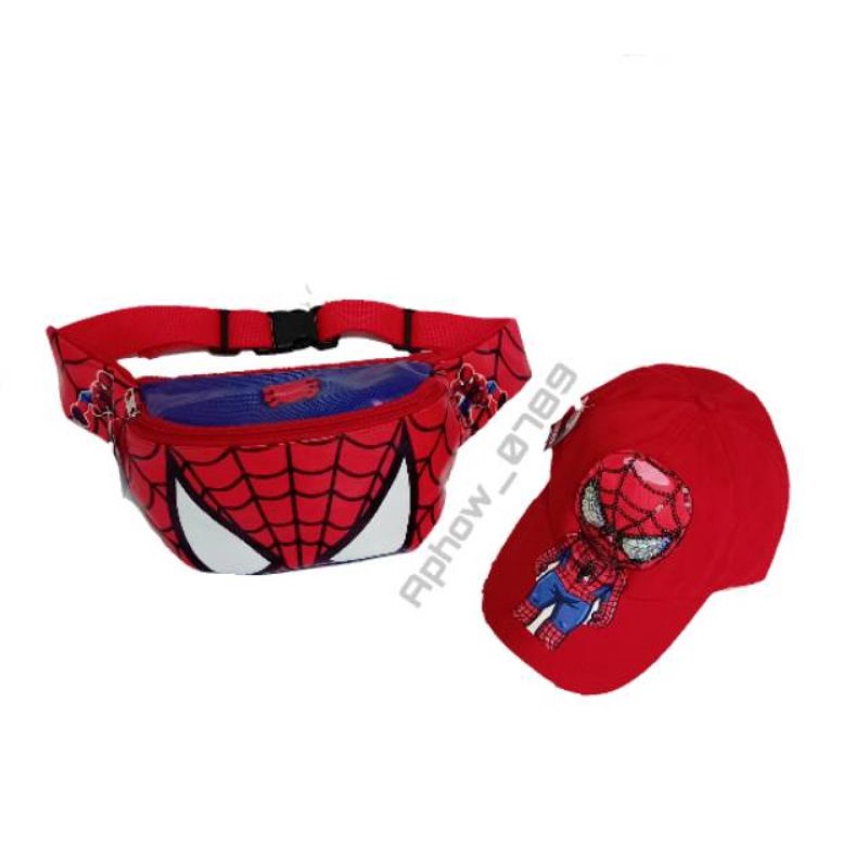 Paket 2IN1 Waistbag anak Spiderman dan topi LED Spiderman