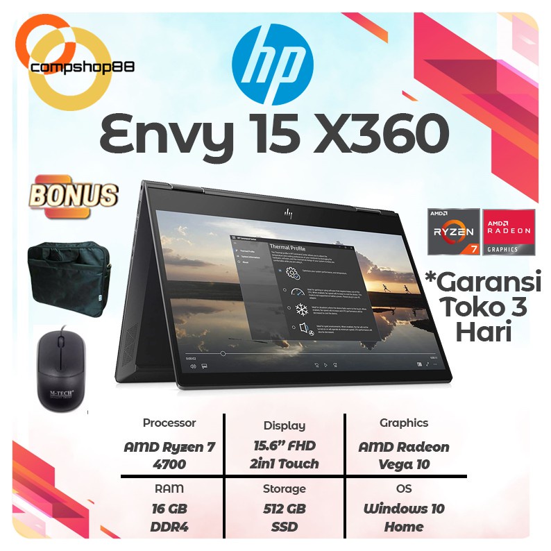 Laptop Ultrabook Murah HP Envy x360 15 Touch Ryzen 7 4700 16GB 512ssd Vega7 W10 15.6FHD