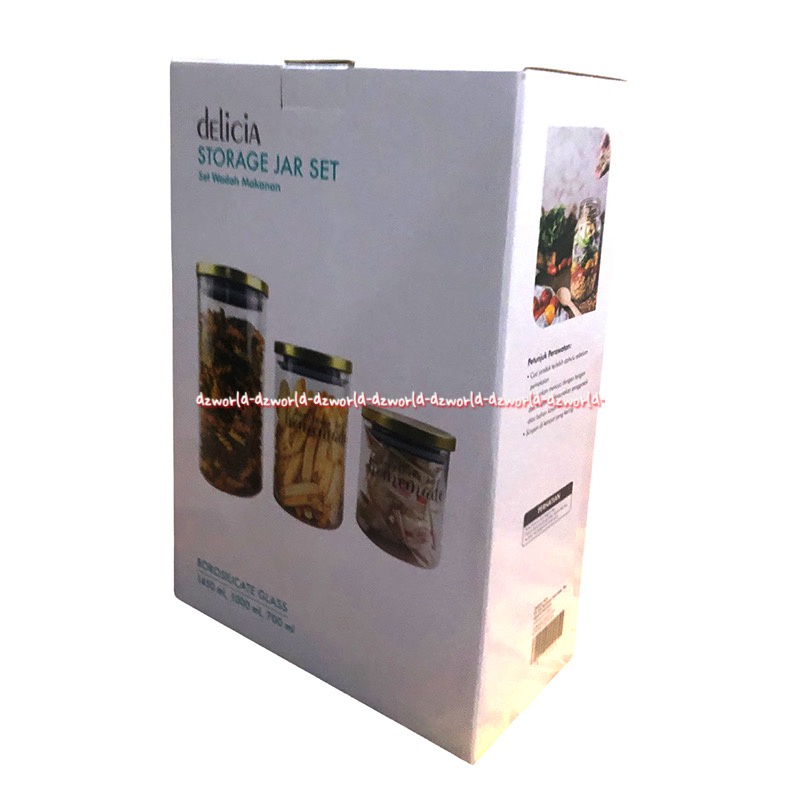 Delicia Storage Jar Set 3pcs Wadah Makan Toples Kaca Delisia Topples Tempat Kue Lebaran Cookies Kerupuk Cemilan