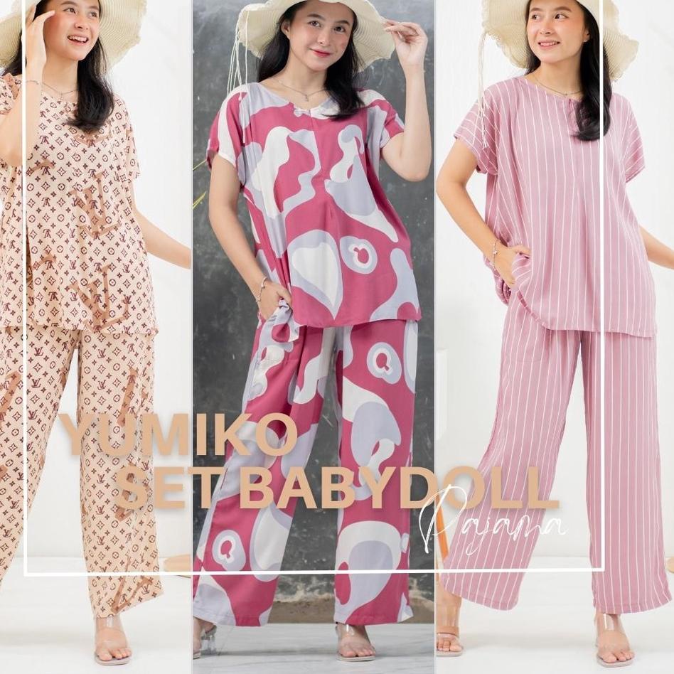 Yumiko Set Babydoll Busui Rayon  by Ademin.Co / Setelan Piyama Wanita Baju Tidur Celana Panjang 민