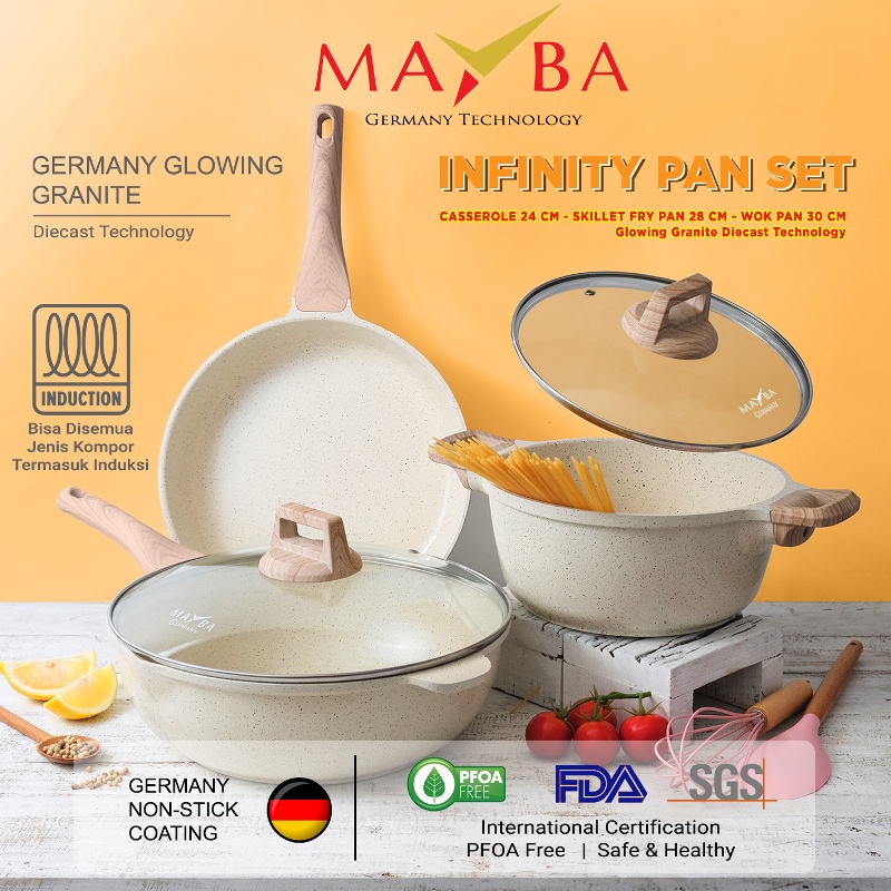 PANCI SET INFINITY 3 PC Original MAYBA GERMANY Glowpan Granite wokpan caserole fryingpan