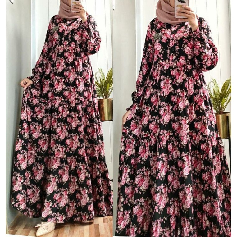 Rose Maxy, MAXIDRESS/GAMIS WANITA MUSLIM MOTIF BUNGA CANTIK BAHAN RAYON VISCOSE PREMIUM LD 106 OOTD