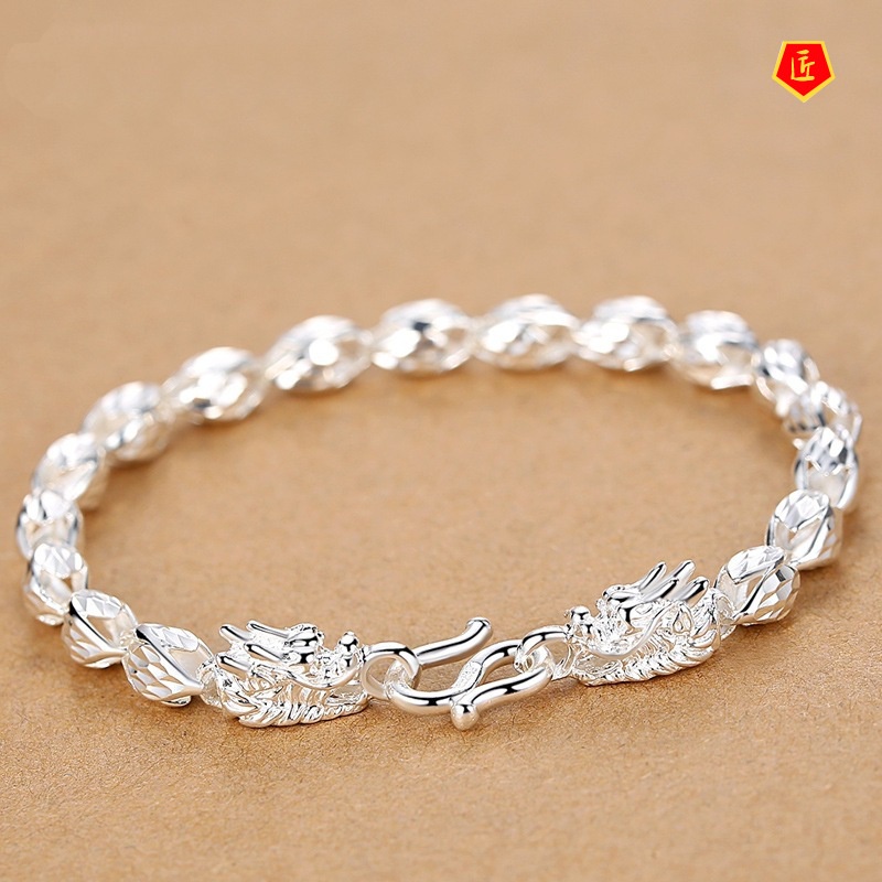 [Ready Stock]Men's 925 Silver Dragon Head Bracelet Chinese Style