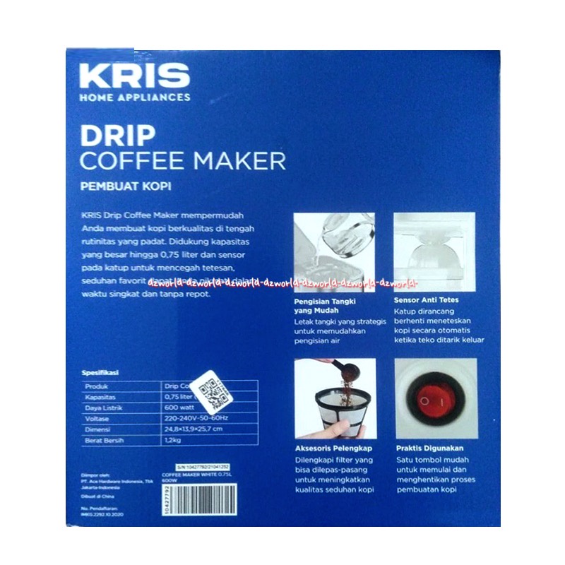 Kris Coffee Maker 750ml Warna Putih Hitam Dengan Filter permanen Mesin Pembuat Kopi dengan Saringan Coffe White