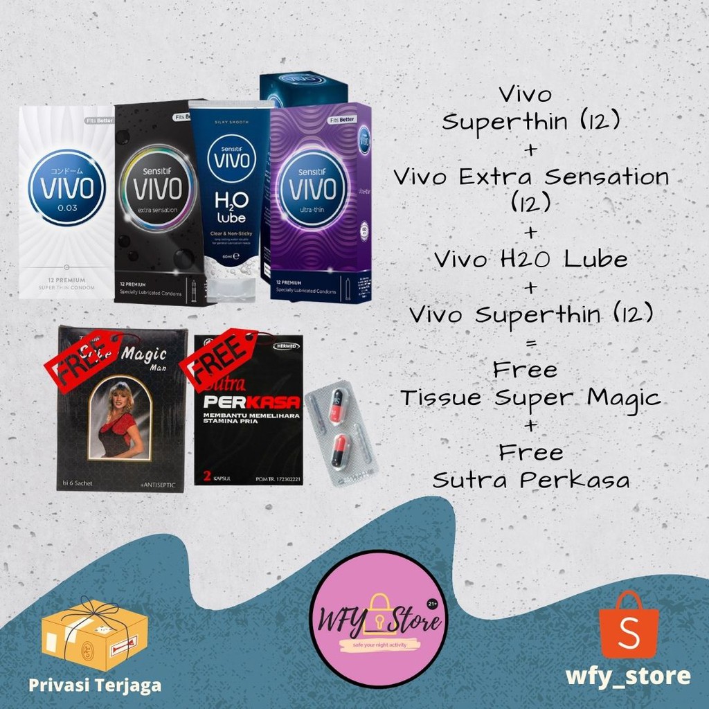 Paket Vivo 3 kondom + H2O Lube = Free Tissue Magic dan Sutra Perkasa