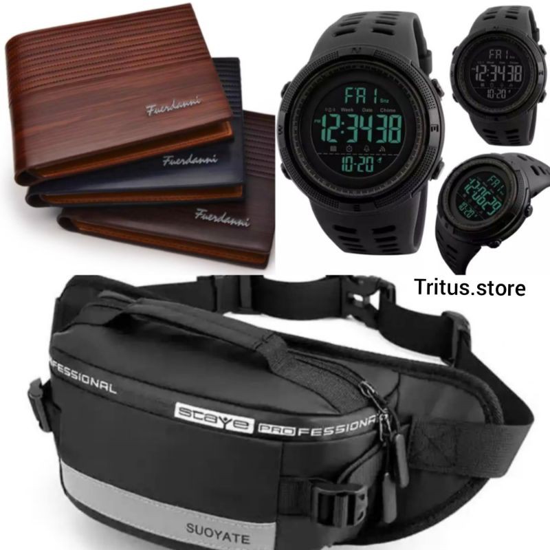 TAS SELEMPANG PRIA IMPORT ANTI AIR PAKET SET JAM TANGAN ANTI AIR DAN DOMPET KULIT