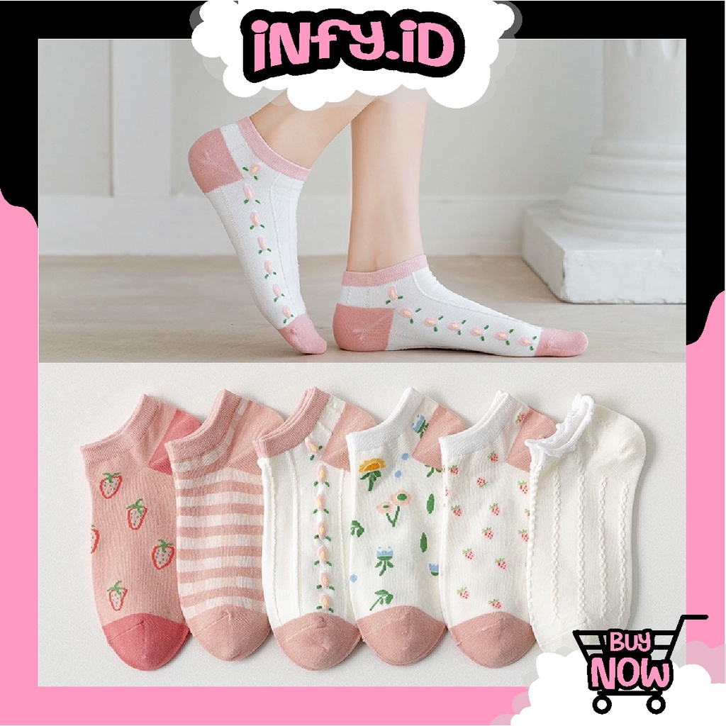 INFY - Kaos Kaki Wanita Fashion Motif Strawberry Bunga Kaoskaki Pendek Korea Sock Import KK001