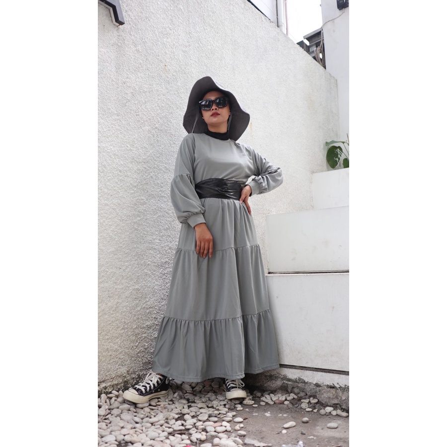 Gamis Wanita Lengan Panjang Fashion Muslim Devi Fit  L-XL Lingkar Dada 100cm Panjang 130cm-DEVI Abu
