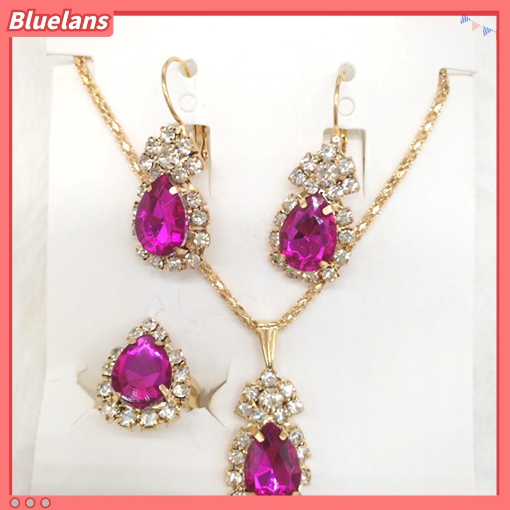 3pcs / Set Kalung Anting Cincin Liontin Water Drop Berlian Imitasi Bahan Alloy Warna Cerah Untuk Aksesoris