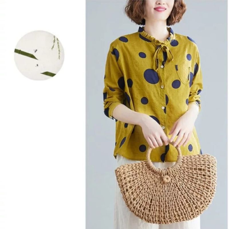 MDLV ~ 9874# Grande Polkadot Shirt Atasan Blouse Polkadot Full Collor Fashion Import