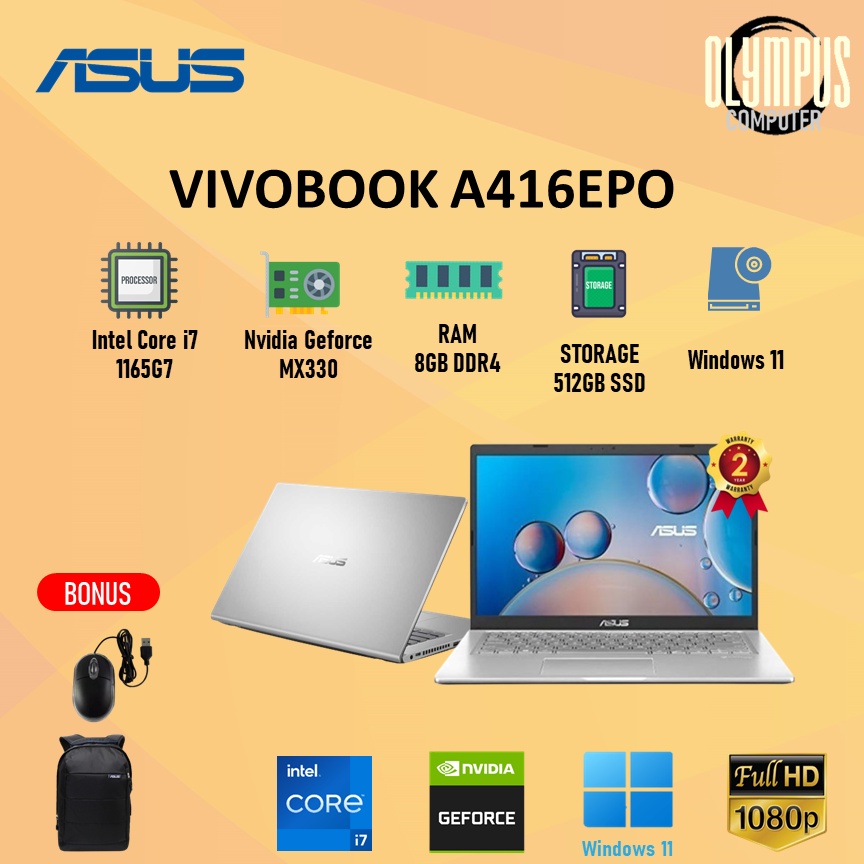 Laptop Asus A416EPO MX330 i7 1165G7 8GB 512SSD W11+OHS 14.0 IPS