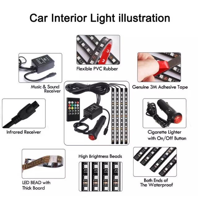 Lampu LED DRL Strip RGB 8 Lampu 8 Warna Remote Kontrol Dan Sensor Music Multi Color Mobil Interior Kolong Dashboard