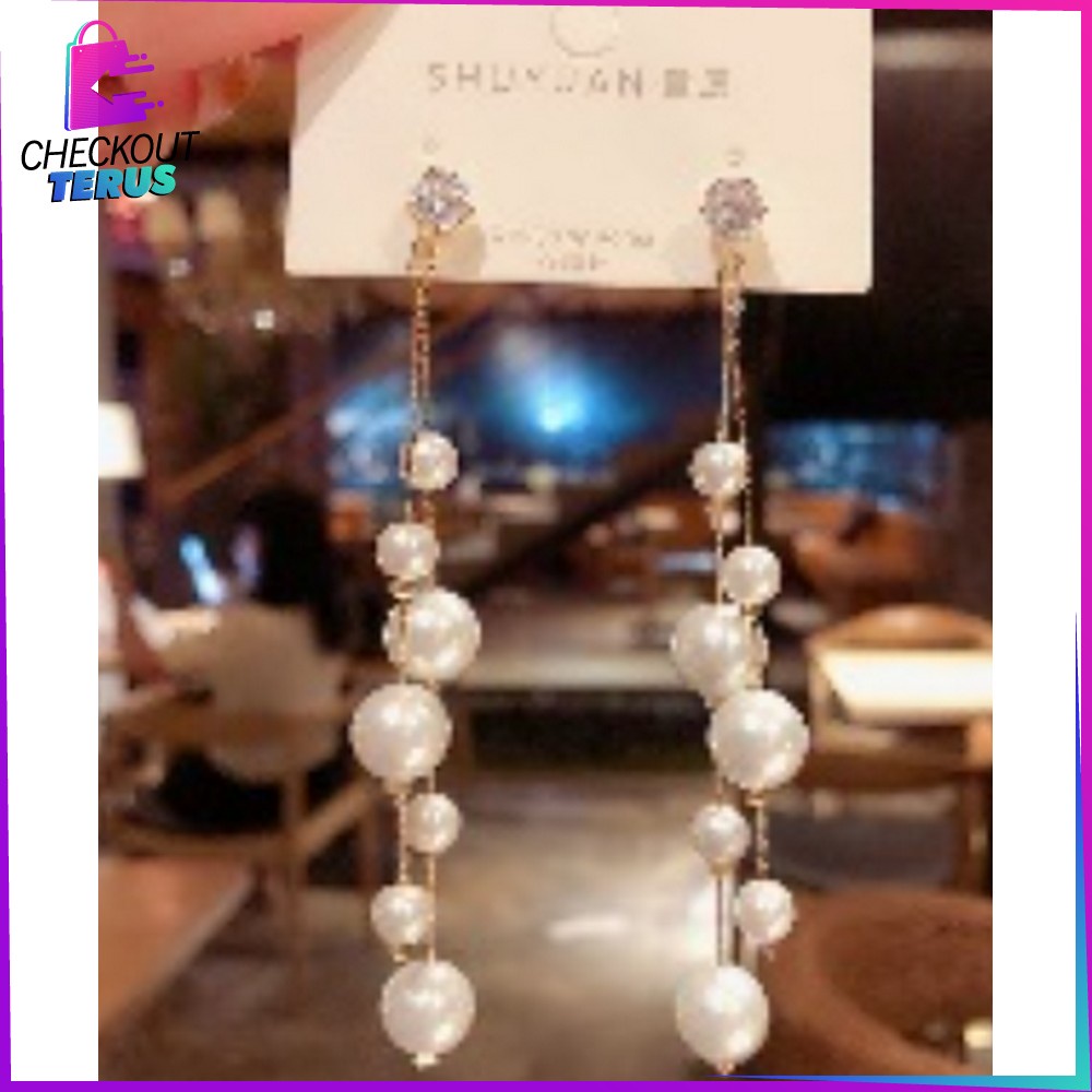 CT K119 Anting Mutiara Gaya Korea Motif Pita Aksesoris Fashion Wanita Anting Rumbai Panjang Elegant Anting Korea Wanita