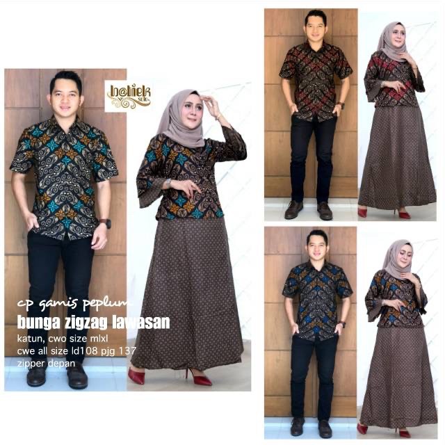 Couple Gamis Peplum Bunga Zigzag Lawasan Batik Marini Long Maxi Muslim Pesta Seragaman Sarimbit