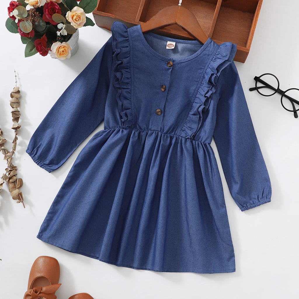 baju bayi import perempuan korea Kids Girl brownieground Denim dress Anak Perempuan 2 3 4 5 6 7 Tahu
