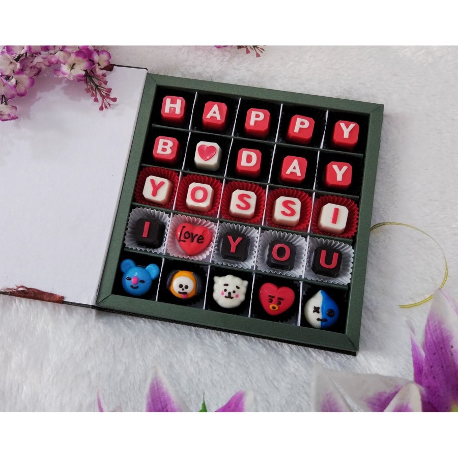 

Coklat Ulang tahun tema BT21 / cokelat BTS (hardcase box 25 sekat)