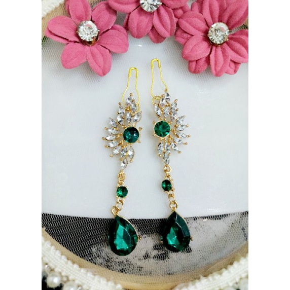 A114 anting hijab juntai full diamond green_anting jilbab