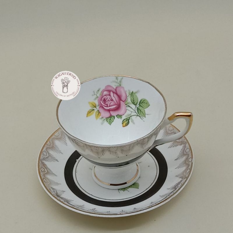 Tea cup & saucer Black Band Pink Rose/cangkir & pisin england/cangkir & pisin keramik