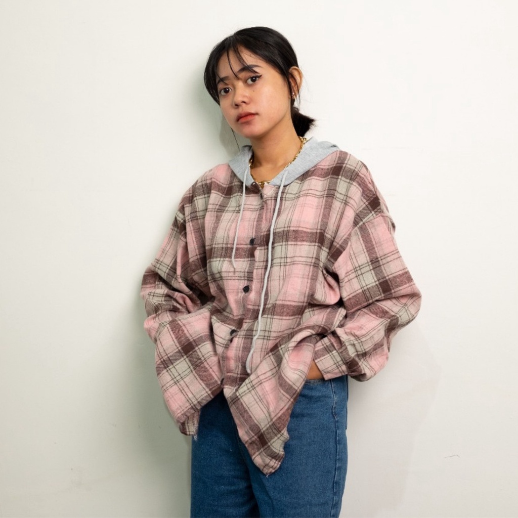 [COD&amp;READY STOK]Atasan Kemeja Lengan Panjang Kotak-kotak Blouse Oversize Fashion Shirt Korea Style Baju Wanita