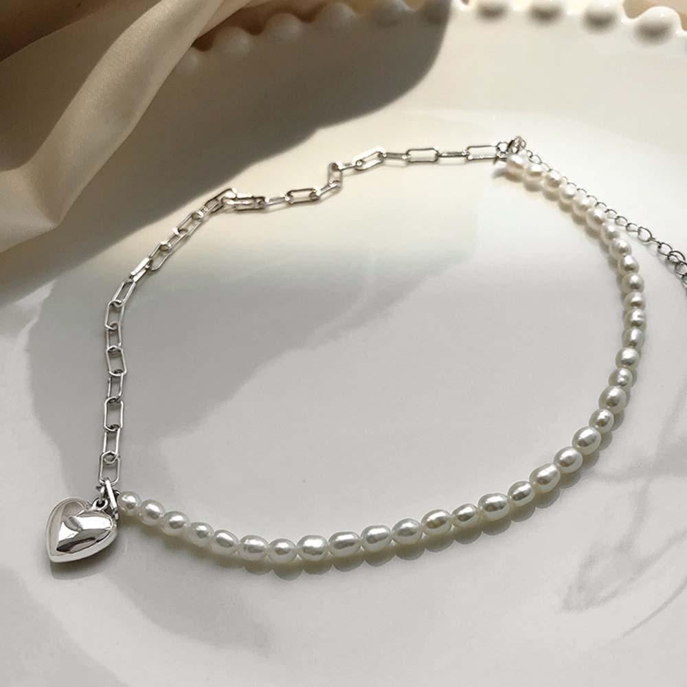 Mxbeauty Kalung Rantai Tembaga Liontin Hati Asimetris Hias Mutiara Untuk Wanita