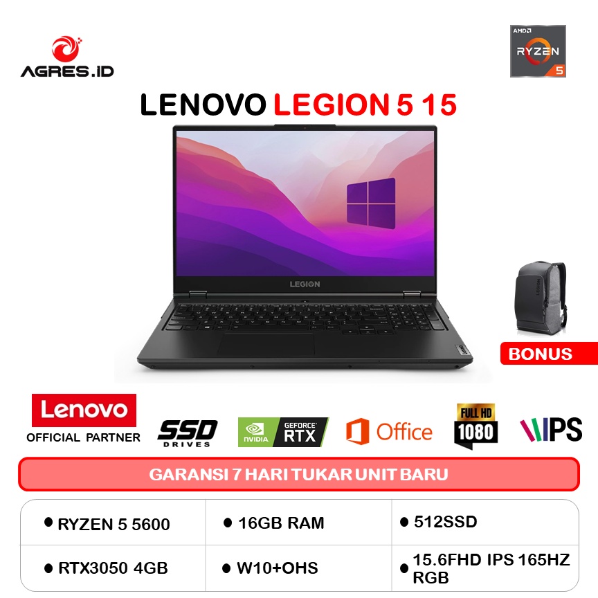 LENOVO LEGION 5 15 RYZEN 5 5600H 16GB 512SSD RTX3050 4GB W11+OHS 15.6FHD IPS 165HZ RGB MS 3YR+ADP TGP95  -DYID