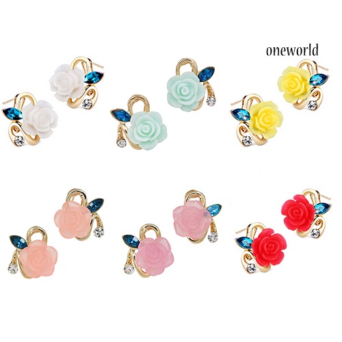 OW@ Women Cute Lady Rhinestone Resin Rose Flower Earrings Ear Studs Jewelry Gift