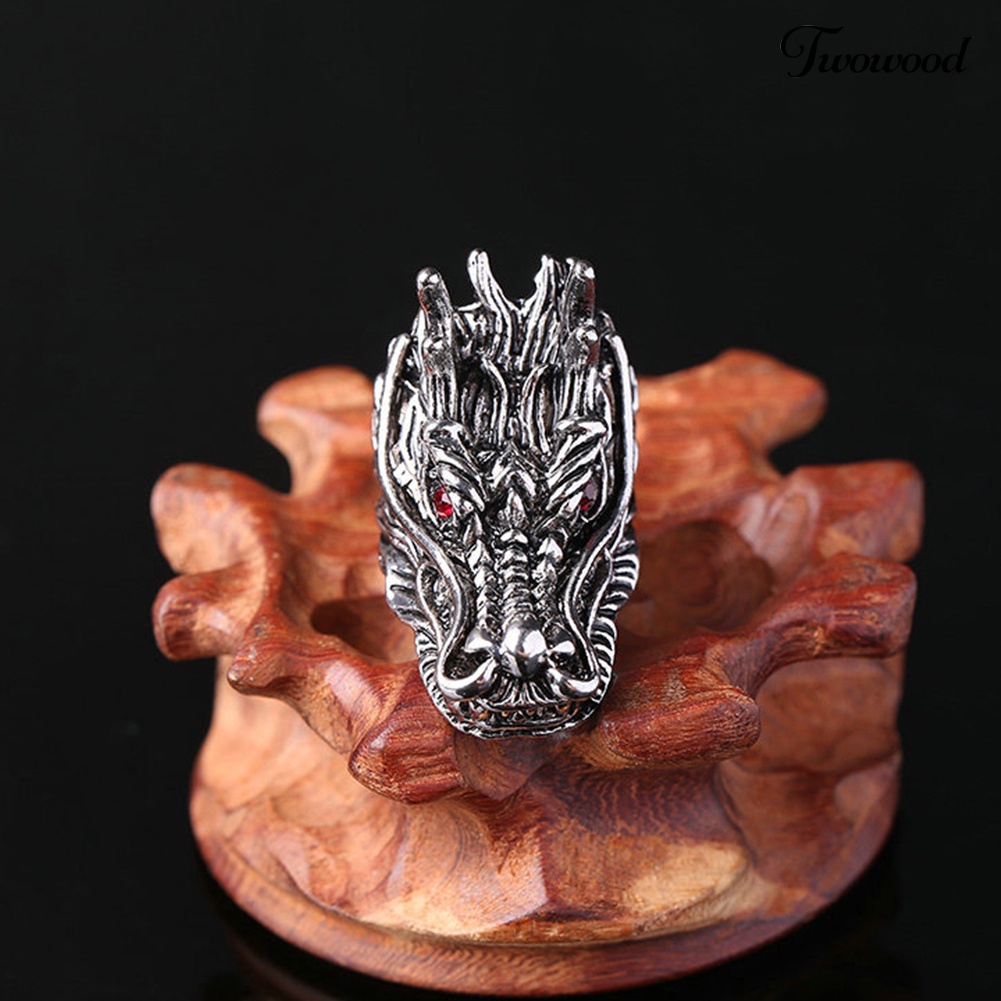 Cincin Desain Ukiran Kepala Naga Bahan Cubic Zirconia Gaya Punk Untuk Pria