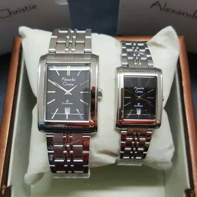 JAM TANGAN COUPLE ALEXANDRE CHRISTIE RANTAI SILVER BLACK AC8408 ORIGINAL