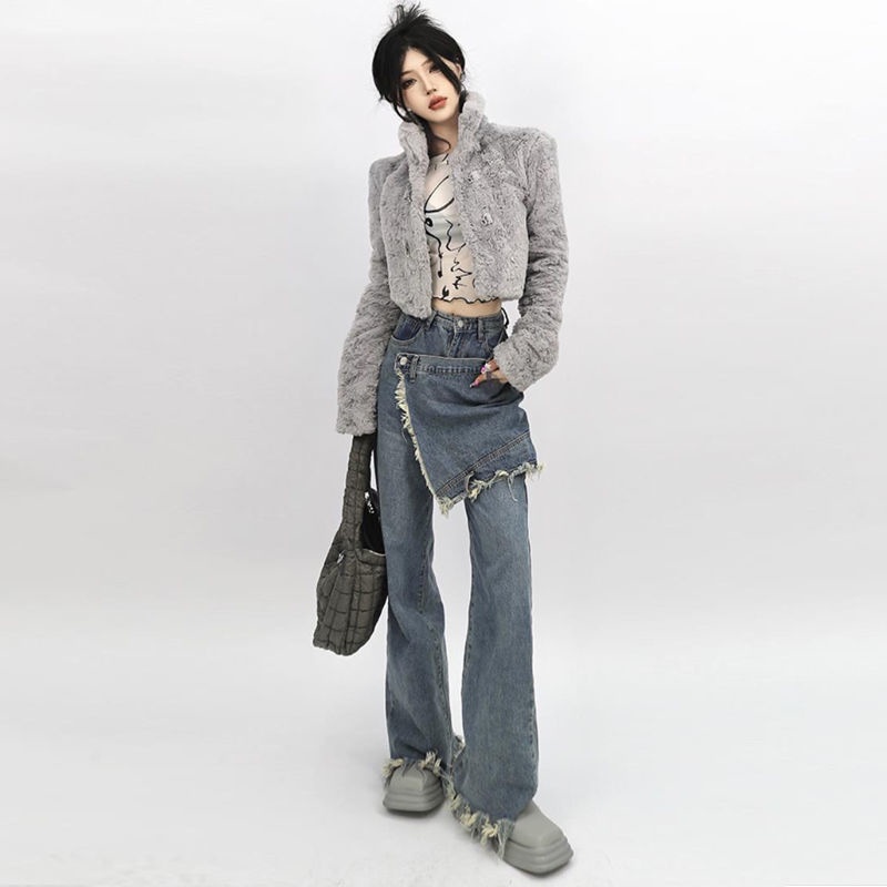 Suhao Street Style Straight Jeans Wanita Musim Semi Desain Baru Sense Kecil Palsu Dua Potongan longgar Flared Wide Pants