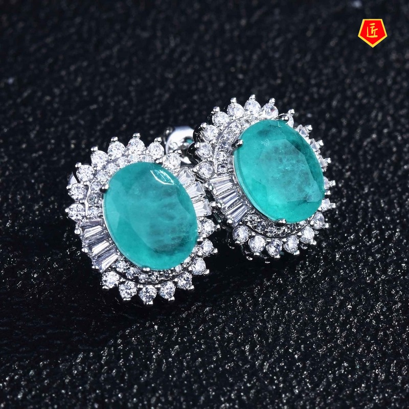 [Ready Stock]Natural Paraiba Micro-Inlaid Full Diamond Earrings