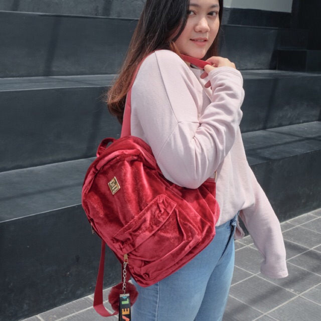 Tas ransel wanita beludru / woman fashion velvet backpack / tas ransel fashion import