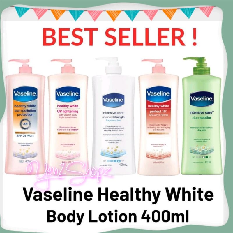 Vaseline Lotion Gluta Glow Healthy Bright UV Extra Brightening Intensive Care Advanced Strength Pump 400ml White Sun + Pollution Protection Spf 24 Perfect 10 aha + retinol night repair 200ml