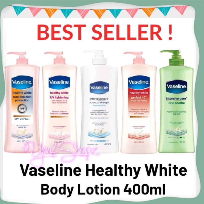 Vaseline Lotion Gluta Glow Healthy Bright UV Extra Brightening Intensive Care Advanced Strength Pump 400ml White Sun + Polkution Protection Spf 24 Perfect 10 aha + retinol night repair