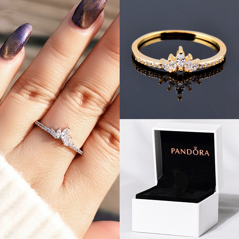 Pandora Cincin Lapis Emas 14K Hias Zircon AAA Untuk Pernikahan