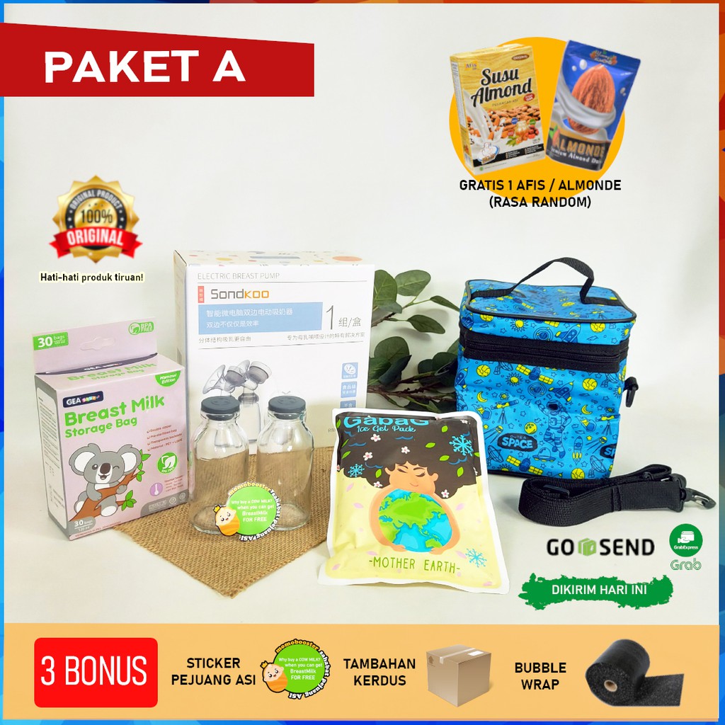 [TERLARIS] Paket A Pompa ASI Elektrik Double + Tas + Kantong ASI + Botol Kaca + Ice Gel GABAG