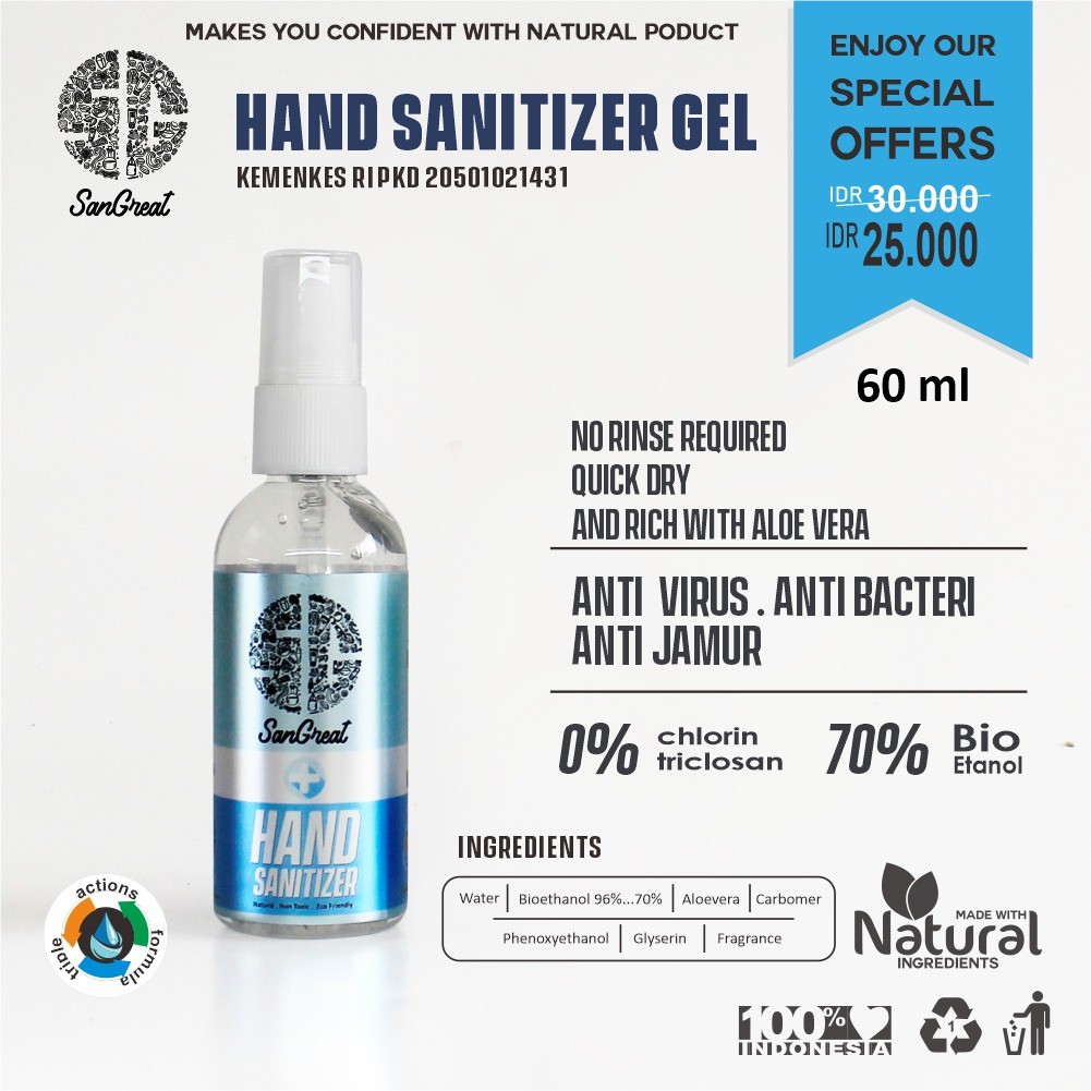 Paket bundling anti virus corona disinfectant spray 100 ml dan hand sanitizer 60 ml travel size