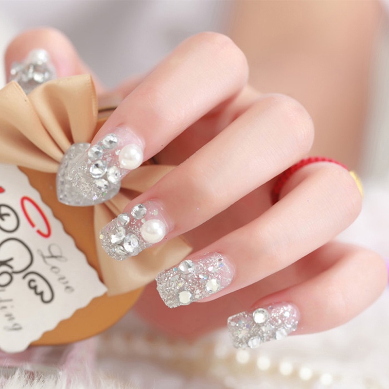 24 Pcs Kuku Palsu Full Cover Bahan Akrilik Gaya Perancis Untuk Manicure